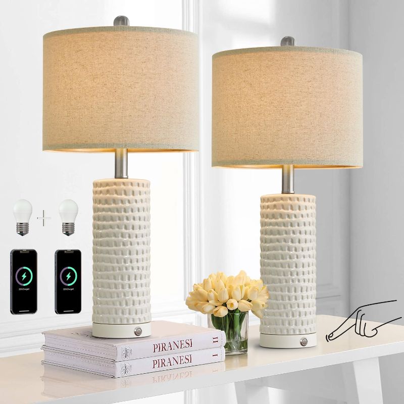 Photo 1 of *Not exact* PORTRES 24" Farmhouse 3-Way Dimmable Touch Ceramic Table Lamp Set of 2 for Bedroom White Bedside Lamps with USB A+C Charging Ports for Living Room Nightstand Lamp End Table Lamps(2 Bulbs Included)
