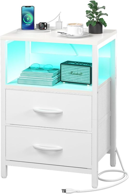 Photo 1 of *Not Exact* Yoobure Nightstand with Charging Station, LED Night Stand with Fabric Drawers and Storage Shelf for Bedroom, Nightstands Bedside Tables with USB Ports & Outlets, Small Night Stands, Bed Side Table White