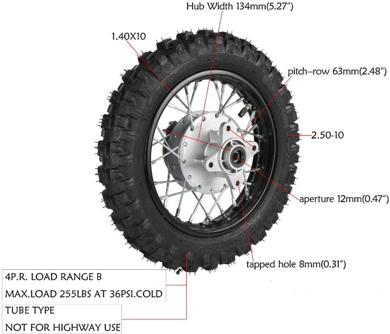 Photo 1 of 2.5-10" Rear Wheel Tire Assembly/10" Rim Diameter Rear Wheel Rim Tyre for 50cc 70cc 90cc 110cc Dirt Pit Bike CRF50 DRZ70 PW50 (US Stock)
