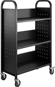 Photo 3 of BestEquip Book Cart, 200LBS Library Cart, 49.2''x29.5''x13.8'' Rolling Book Cart, Single Sided L-Shaped Flat Shelves with Lockable Wheels for Home Shelves Office School Book Truck Black
