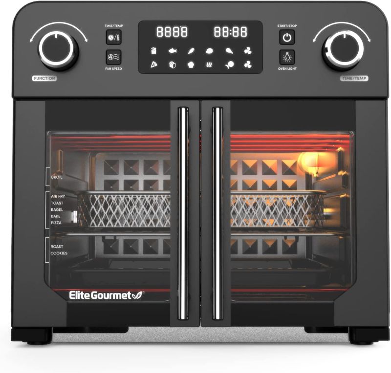 Photo 1 of Elite Gourmet EAF9010B All Steel Exterior, 24.5Qt. French Door Air Fryer Convection Countertop Oven, 12" Pizza Extra Large Capacity, Temperature + Timer Controls, Bake, Toast, Broil, Air Fry, Black
