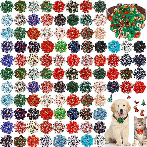 Photo 1 of 100 Pcs Christmas Dog Collar Flowers Bulk Winter Pet Flower Collar Bow Ties Holiday Dog Accessories Slides Attachment Decorations for Small Medium Large Dog Cat Puppy Supply