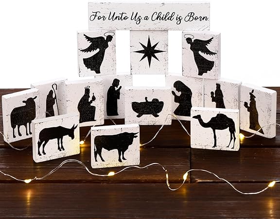 Photo 1 of Christmas Wooden Block Nativity Scene with Light Black Silhouette Christmas Figures Jesus Decorations for Home The Birth of Jesus Decoration Signs for Family Indoor Present