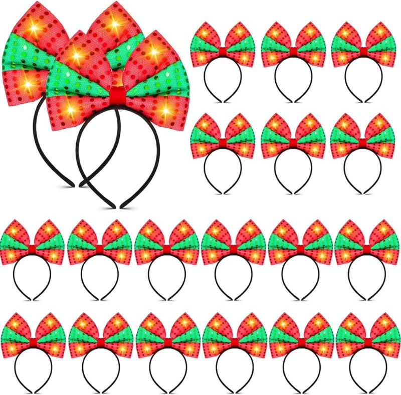 Photo 1 of 20 Pcs Light up Christmas Bow Headbands, LED Christmas Headband Sequin Light Up Green Red Christmas Bow Headband Christmas Party Favor Accessory for Adults Kids