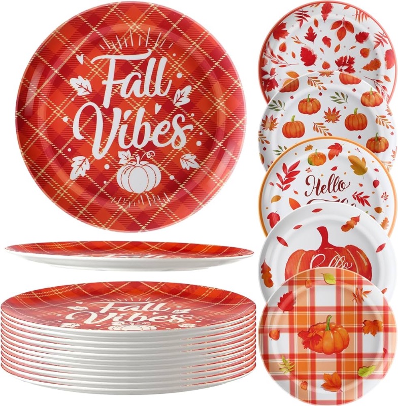 Photo 1 of 12 Pcs Autumn Dessert Plates Fall Leaves Pumpkins Plates Reusable Plastic Autumn Tableware Fall Thanksgiving Party Plates Dinnerware for Fall Thanksgiving Decoration Supplies,7.8'' Diameter