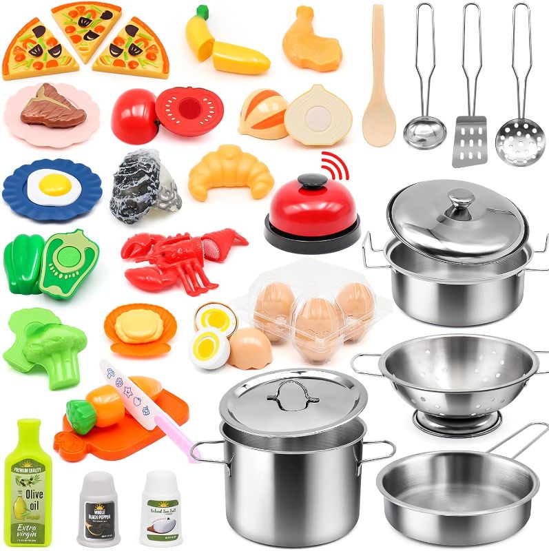 Photo 1 of 75PCS Kids Pretend Play Kitchen Accessories, Stainless Steel Play Pots and Pans Sets for Kids, Cooking Utensils, Pretend BBQ Cooking Fast Food Playset, Cutting Food Play Pizza for Toddler Boys Girls