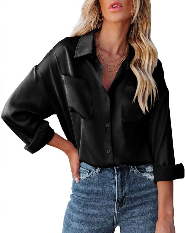 Photo 1 of Foshow Women's Button Down Satin V Neck Shirts Silky Long Sleeve Office Work Blouse Business Plain Tops with Pocket