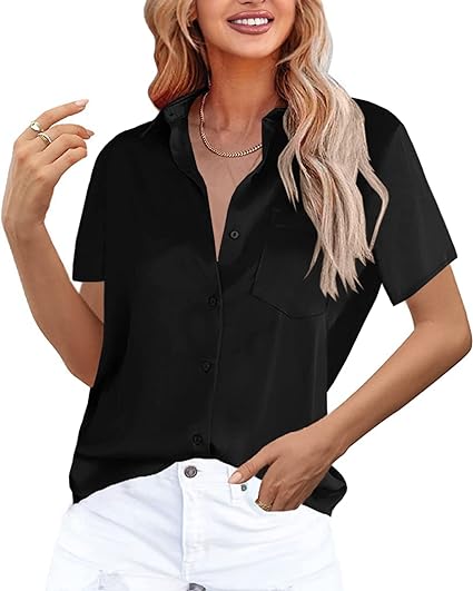 Photo 1 of Foshow Women's Button Down Satin V Neck Shirts Silky Long Sleeve Office Work Blouse Business Plain Tops with Pocket