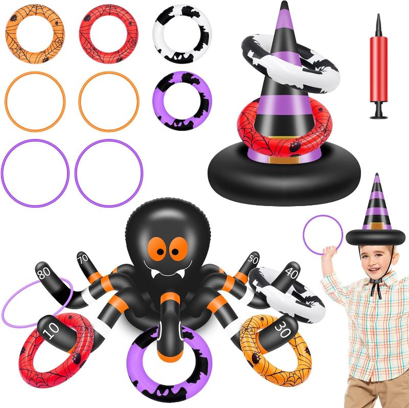 Photo 1 of 19 Packs Halloween Ring Toss Game for Kids Including Spider and Hat Shaped Balloons, 16Pcs Plastic Rings, 1Pcs Inflator, Halloween Party Favors Indoors Outdoors Party Game Halloween Inflatables