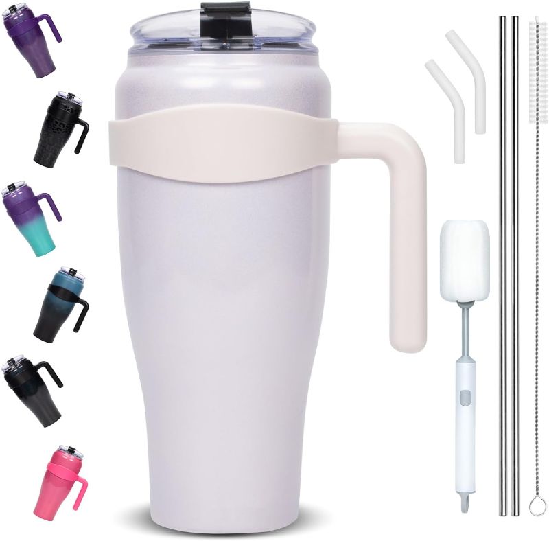 Photo 1 of (SEE NOTES/ Does not come with handle) LAOION 40 oz Tumbler with Handle and Straw,Stainless Steel Mug with Leak Proof Screw Seal Lid Free-Pink Cotton 