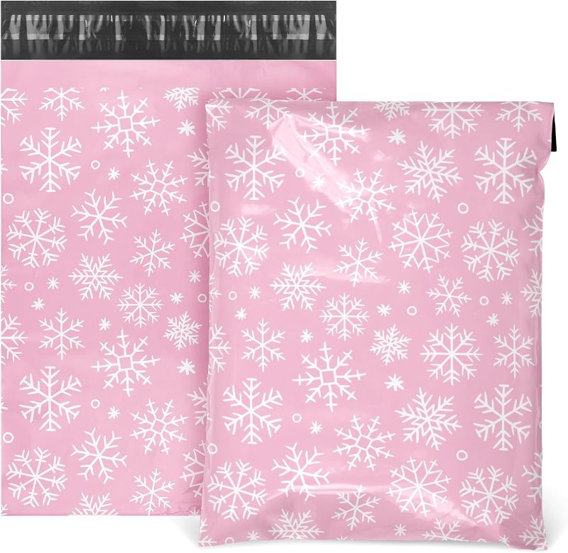 Photo 1 of AnyDesign 100Pcs Christmas Poly Mailers 10 x 13Inch Pink Winter Snowflake Shipping Bags with Self Sealing Classic Xmas Holiday Bag Envelopes for Small Business Boutique Clothing