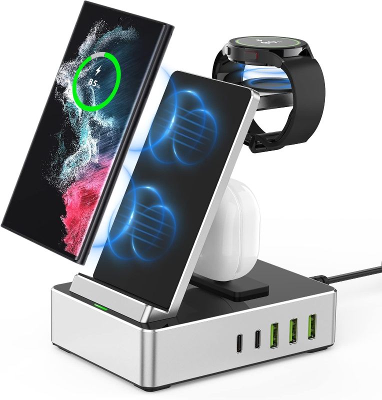 Photo 1 of 100W Aluminum Alloy Wireless Charger, 8 in 1 Charging Station for Samsung Devices,USB C Charger Dock for S22 Ultra, Etc,.Galaxy Watch 5, Active 2/1, Galaxy Buds/Pro/Live (Silver)