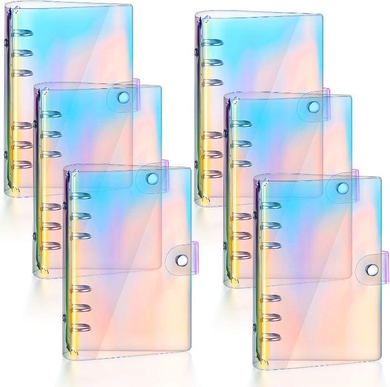 Photo 1 of 6 Pieces Rainbow Clear Notebook Binders 6-Ring Planner Binder Soft PVC Binder Transparent A6 Binder Cover Loose Leaf Personal Planner with Snap Button Closure