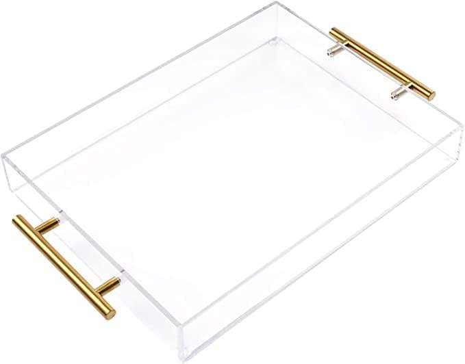 Photo 1 of 11"x14" Clear Acrylic Serving Tray with Golden Handles, Sturdy Huge Capacity Acrylic Tray for Coffee, Juice, Kitchen and Desk Organizer, Storage Tray (11"x14")