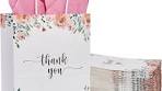 Photo 1 of 50 Pack Medium White & Floral Thank You Paper Gift Bags with Handles and Pink Tissue Paper for Small Business Wedding Baby Shower Birthday Party Favors Goodies (10''x8''x4'') Medium 10''x8''x4'' White & Floral