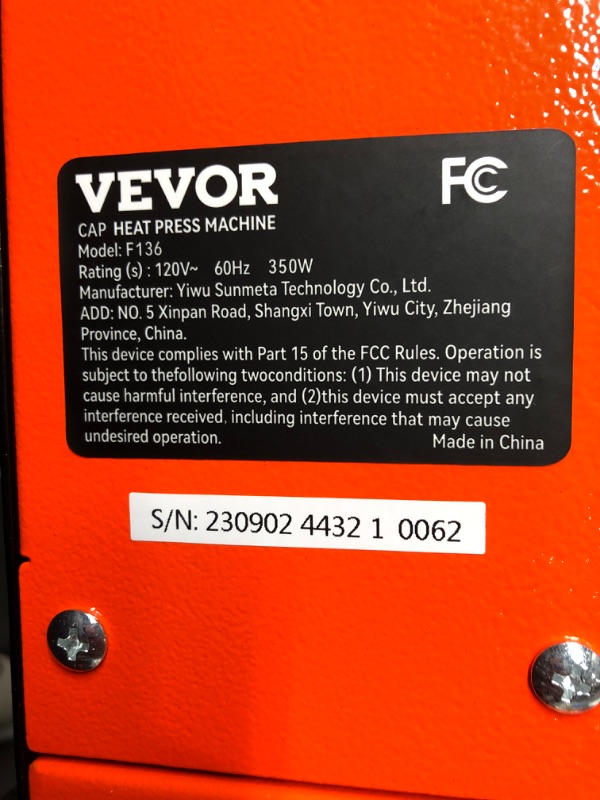 Photo 3 of ***see notes***VEVOR 3-in-1 Auto Hat Heat Press with 3pcs Interchangeable Platens(6.6" x 2.7", 6.6" x 3.8", 6.1" x 3"), Automatic Release&Press Knob-Style Digital Control Panel, Heat Transfer Printing for Caps Black+Orange