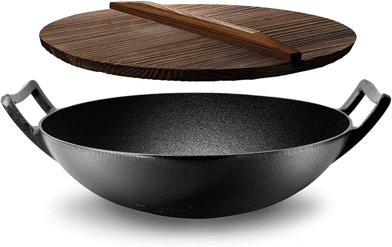 Photo 1 of  Nonstick 5.8 Quart Cooking Wok Cast Iron Kitchen Stir Fry Pan with Wooden Lid for Gas, Electric, Ceramic, and Induction Counter Cooktops, Black (2 Pack)
