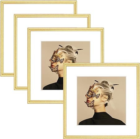 Photo 1 of 12x12 Picture Frame Set of 4, Matted Gold Simple Modern Brushed Thin Aluminum Metal Square Photo Frame Fits 10x10 with Mat or 12 x 12 without Mat Display For Tabletop or Wall Collage
