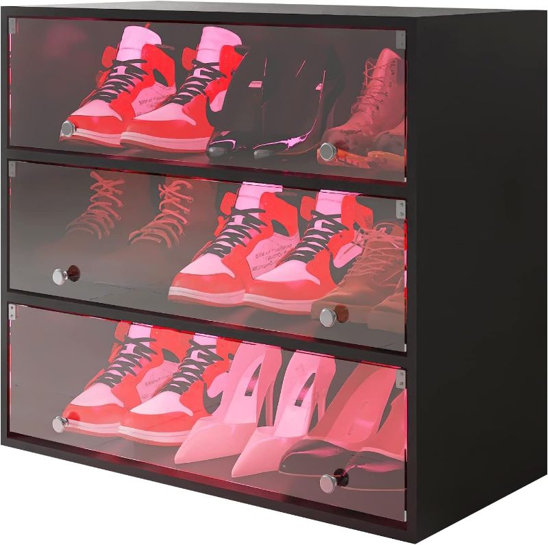 Photo 1 of 
Veemuaro Shoe Storage Box, Wooden Stackable Shoe Storage Box with Sliding Glass Door, Shoe Organizer Storage Box with RGB Led Light for Up To 9 Pairs of Shoes, Shoe Storage Bin For Display Sneakers
