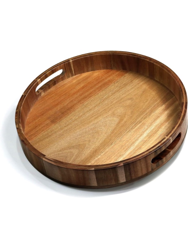 Photo 1 of 14" Wooden Tray, Natural Acacia Wood, Lazy Susan Rotating Mechanism Base Serving Tray Round, Carved Handles & Rimmed Edge Rustic Centerpiece Display