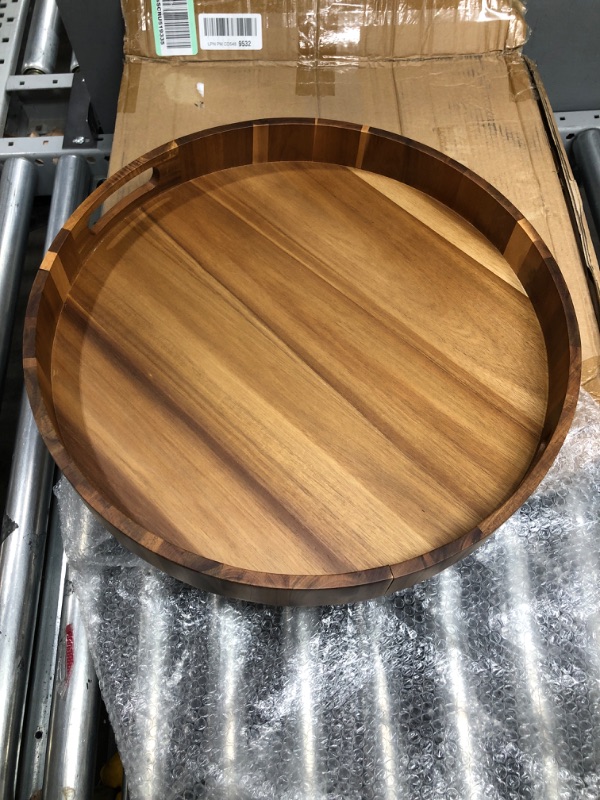 Photo 2 of 14" Wooden Tray, Natural Acacia Wood, Lazy Susan Rotating Mechanism Base Serving Tray Round, Carved Handles & Rimmed Edge Rustic Centerpiece Display