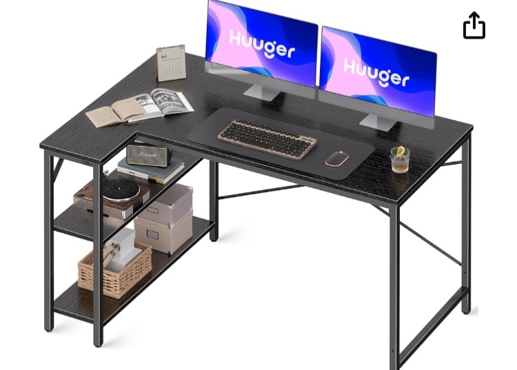 Photo 1 of L Shaped Desk, 47 Inches Computer Desk with Reversible Storage Shelves, Gaming Desk, Corner Desk Home Office Desks, Writing Desk Study Desk with Metal Frame, Black