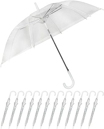 Photo 1 of 60 Pack Clear Wedding Umbrellas Bulk Transparent Auto Open Stick Umbrellas Windproof Waterproof Large Canopy Umbrella with White European J Hook Handle for Wedding Bride Groom Photography Golf Outdoor