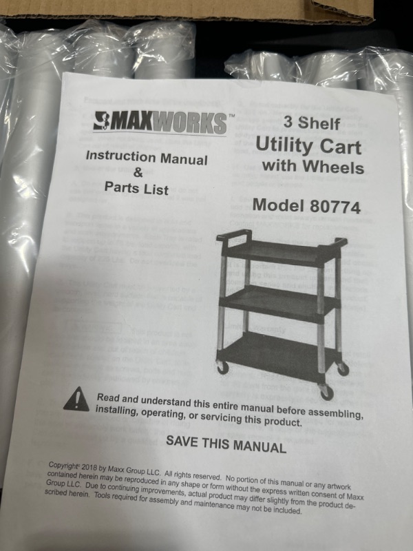 Photo 3 of MaxWorks 80774 3-Shelf Utility Plastic Cart with Wheels-225 Lbs Maximum Capacity , Black