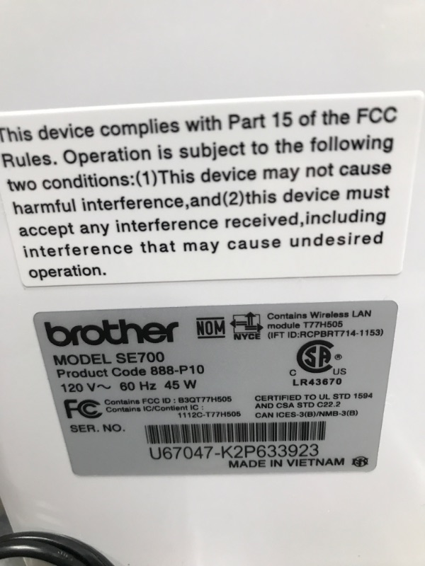 Photo 3 of *****UNKNOWN IF COMPLETE****
Brother SE700 Sewing and Embroidery Machine, Wireless LAN Connected, 135 Built-in Designs, 103 Built-in Stitches, Computerized, 4" x 4" Hoop Area, 3.7" Touchscreen Display, 8 Included Feet
