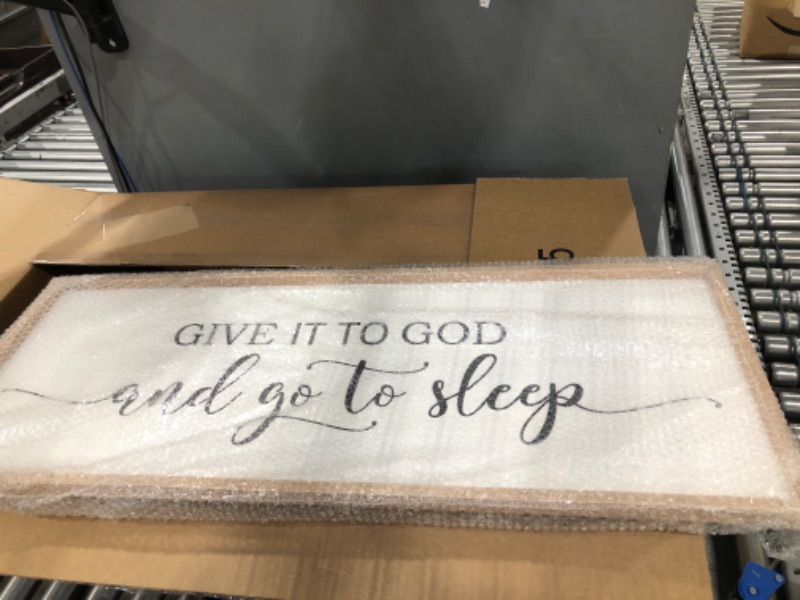 Photo 2 of Give It To God And Go To Sleep Sign Wall Decor 40"X15" Master Bedroom Above Bed Large Farmhouse Wall Decor Wood Rustic Framed Over Bed Wall Art Hanging Decoration (Wood White) 40''×15'' Wood White