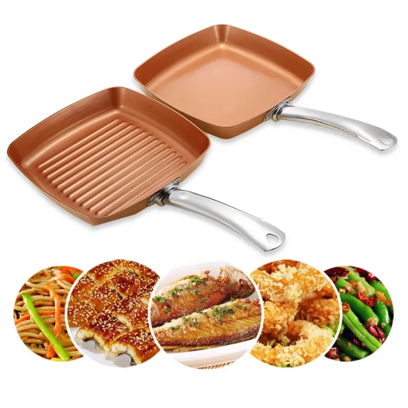 Photo 1 of 2pcs Non-stick Copper Frying Pans Square Griddles Skillets with Ceramic Coating
