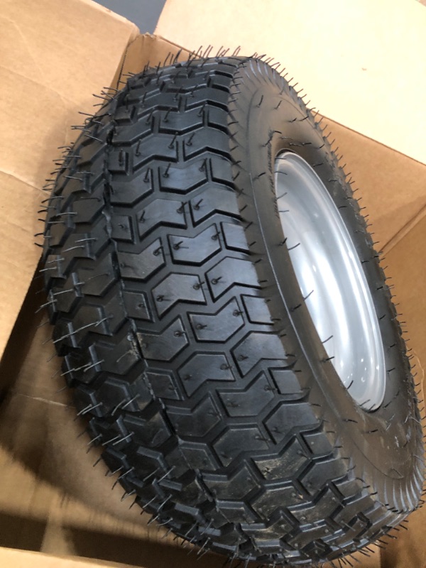 Photo 3 of Only ONE 16x6.50-8 Tubeless Tire on Rim - Universal Fit Riding Mower and Yard Tractor Wheels - With Chevron Turf Treads - 3” Offset Hub and 3/4” Bearings - 4 Ply with 615 lbs Max Weight Capacity 16x6.50-8 Tubeless White