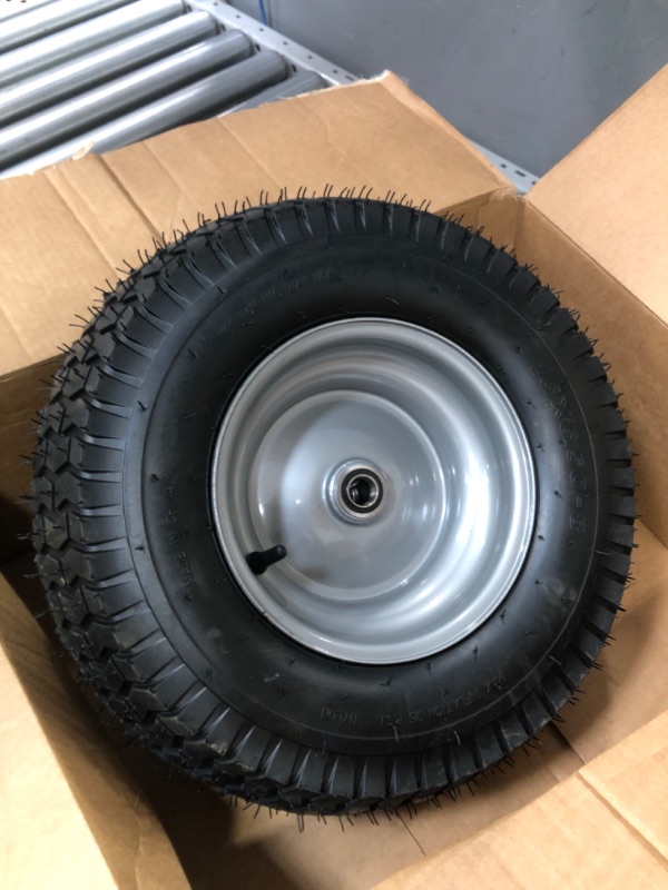 Photo 2 of Only ONE 16x6.50-8 Tubeless Tire on Rim - Universal Fit Riding Mower and Yard Tractor Wheels - With Chevron Turf Treads - 3” Offset Hub and 3/4” Bearings - 4 Ply with 615 lbs Max Weight Capacity 16x6.50-8 Tubeless White