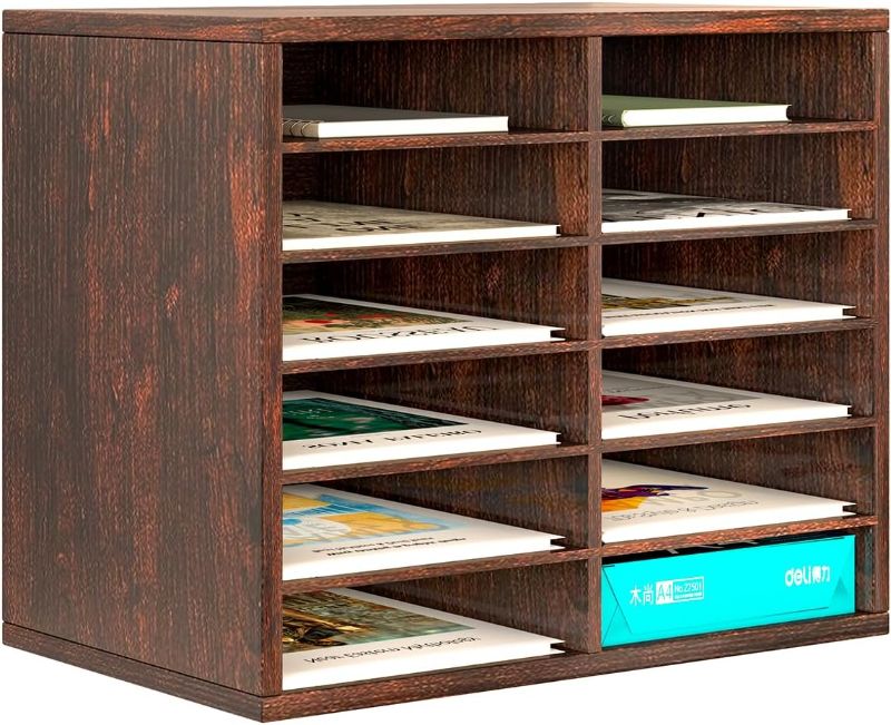 Photo 1 of 12 Comparments Paper Organizer, Wood Literature Organizer, Desktop Paper Organizer, Sturdy Books Organizer, Desktop Organizer with Adjustable Shevles, Keep Your Room Clean, Retro Brown
