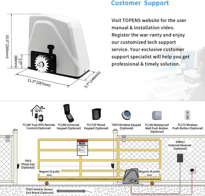 Photo 4 of ***Parts Only***TOPENS RK1100T Automatic Sliding Gate Opener Rack Drive Electric Gate Motor for Heavy Driveway Slide Gates Up to 2800 Pounds, Security Gate Operator AC Powered with Nylon Gear Rack and Remote Control