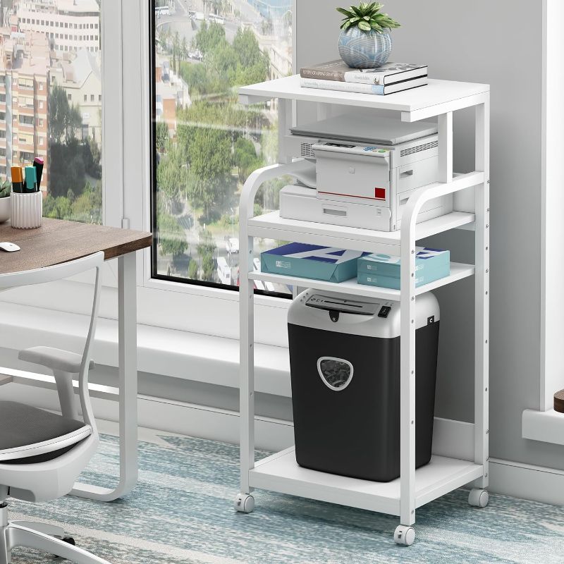 Photo 1 of Fannova 4 Tier White Printer Stand Table with Adjustable Shelves, Movable Printer Shredder Stand with Wheels for Home Office Storage and Organization, Rolling Cart for Computer Tower CPU