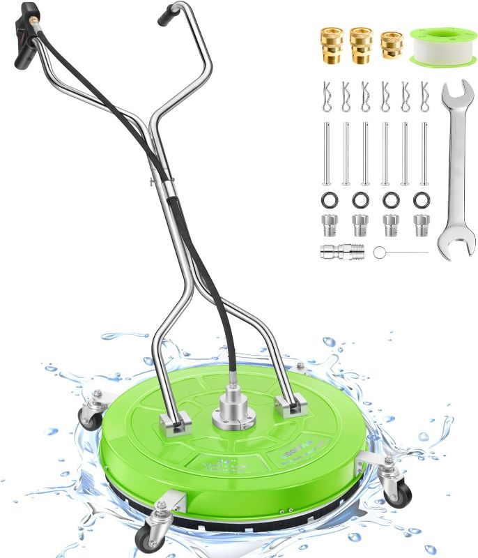 Photo 1 of 24“ Pressure Washer Surface Cleaner with 4 Wheels - Coated Green Dual Handle Stainless Steel Surface Cleaner for Pressure Washer Attachment for Concrete,...
