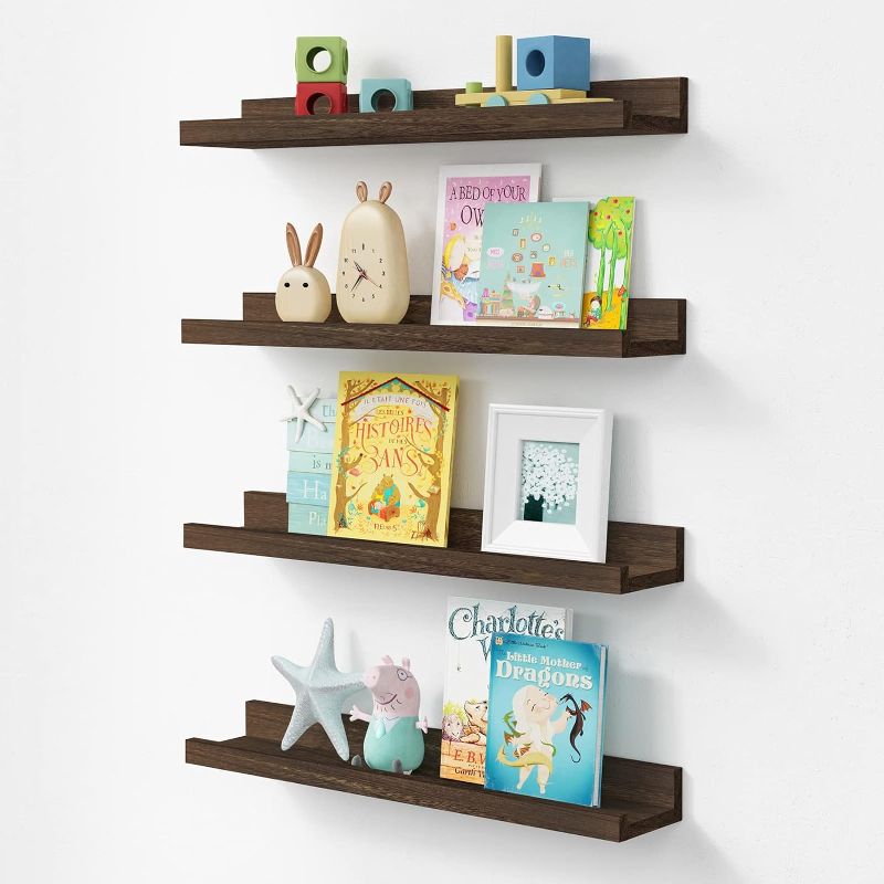 Photo 1 of *** SEE PHOTOS FOR MINOR DAMAGES*** Forbena Rustic Picture Ledge Shelf Set of 4, Floating Picture Shelves for Wall with Lip, Wood Photo Ledge Shelves for Bedroom, Living Room, Office, Wall Decor (23.1 Inch Wide, Dark Brown) Brown 23.1 Inches