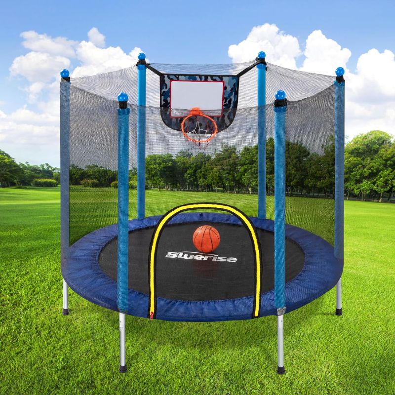 Photo 1 of BLUERISE Trampoline 55IN 6FT 8FT 10FT 12FT 14FT Indoor Trampoline for Kids Outdoor Play for Kids Trampoline Basketball Hoop Attachment with Enclosure Net Easy to Assemble Recreational Trampoline
