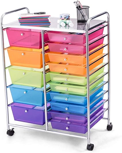 Photo 1 of GOFLAME 15-Drawer Rolling Storage Cart, Multipurpose Movable Organizer Cart, Utility Cart for Home, Office, School, Rainbow
