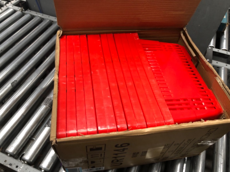 Photo 1 of 12 Pcs Shopping Baskets 20 L Plastic Shopping Baskets with Handles 16.9 * 11.8 * 9.1 Inches Store Baskets Retail Baskets with Handles for Market Grocery Supplies Thrift Convenience Storage (Red)