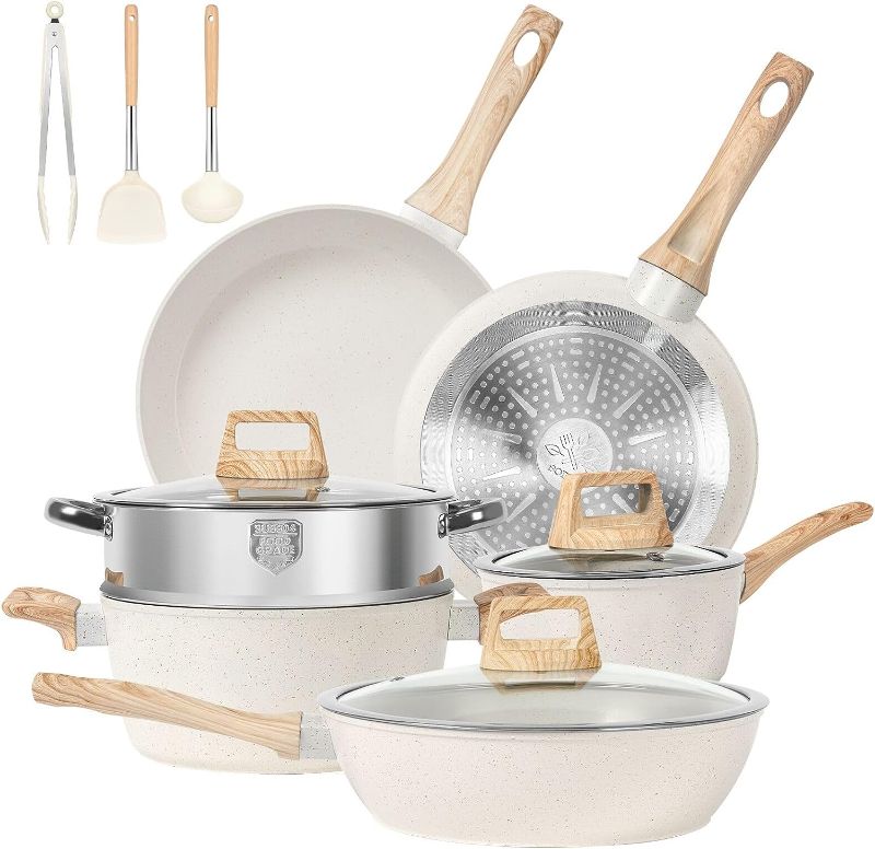 Photo 1 of **SEE NOTES**SODAY Pots and Pans Set Non Stick, 12 Pcs Kitchen Cookware Sets Induction Cookware Granite Cooking Set with Frying Pans, Saucepans, Steamer Silicone Shovel Spoon & Tongs (White)
