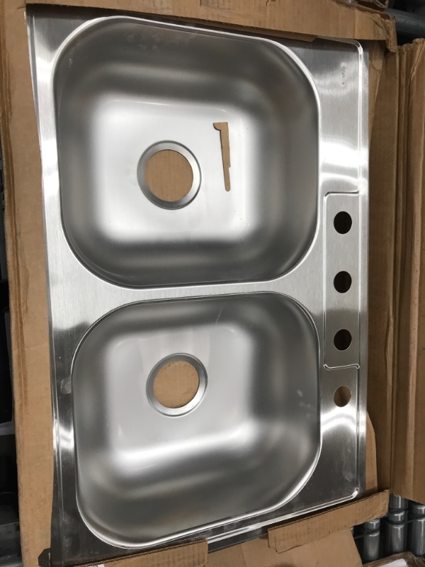 Photo 2 of (READ FULL POST) Dayton D233224 Equal Double Bowl Top Mount Stainless Steel Sink, 33 x 22 x 6.5 33 x 22 x 6.5 4 Faucet Holes Sink Only