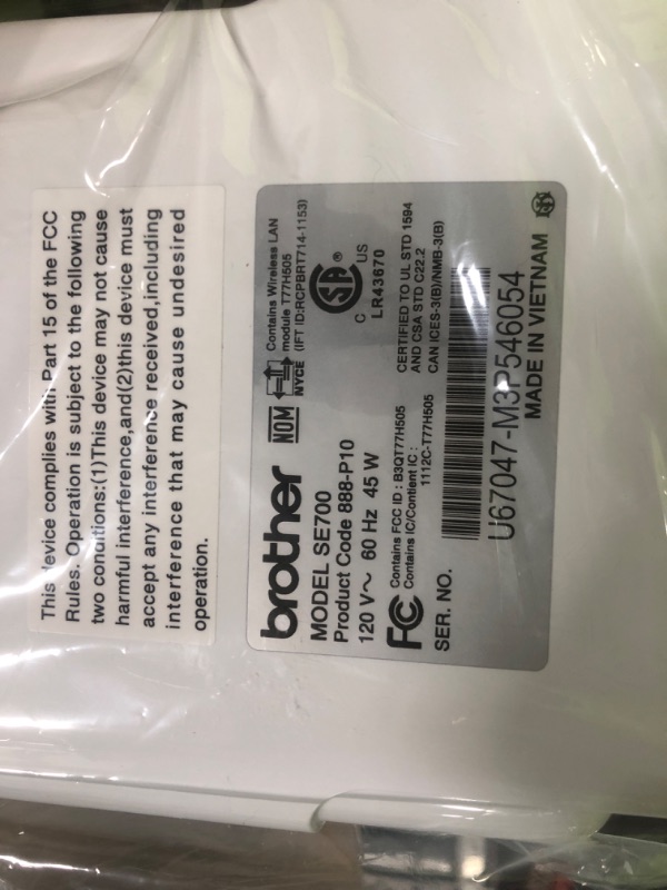 Photo 3 of [FOR PARTS, READ NOTES] NONREFUNDABLE
Brother SE700 Sewing and Embroidery Machine, Wireless LAN Connected, 135 Built-in Designs, 103 Built-in Stitches, Computerized, 4" x 4" Hoop Area, 3.7" Touchscreen Display, 8 Included Feet