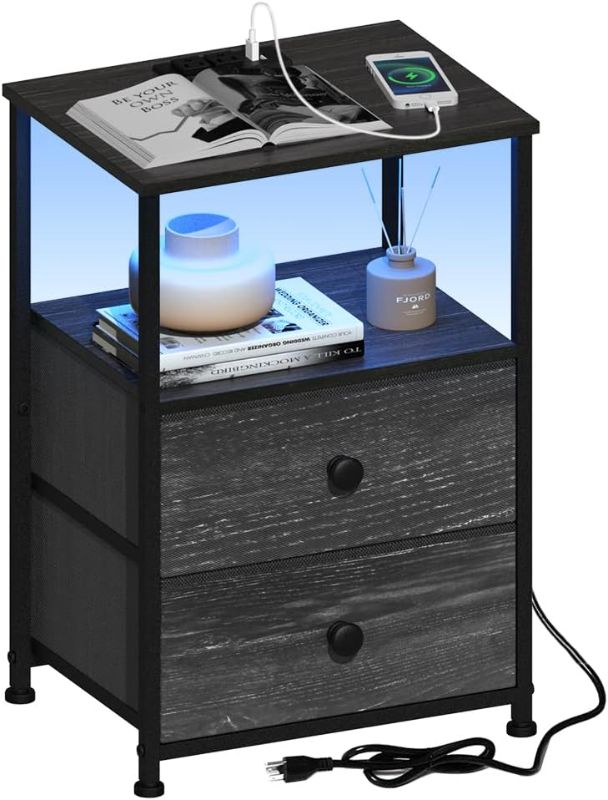 Photo 1 of ***USED - LIKELY MISSING PARTS - UNABLE TO VERIFY FUNCTIONALITY***
End Table with Charging Station, LED Light, Fabric Drawers, and USB Ports - Charcoal - 11.81"D x 15.75"W x 23.62"H