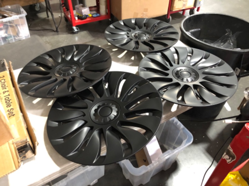 Photo 5 of ***ONE OF THE WHEELS IS DAMAGED AND WON'T ATTACH - SEE PICTURES***
YIZBAP 4PCS Tesla Model Y Wheel Cover - 19 Inch Symmetrical Matte Black Hubcaps (UberTurbine Style) Fit for 2020-2023 Model Y (with 4 Center T Caps)