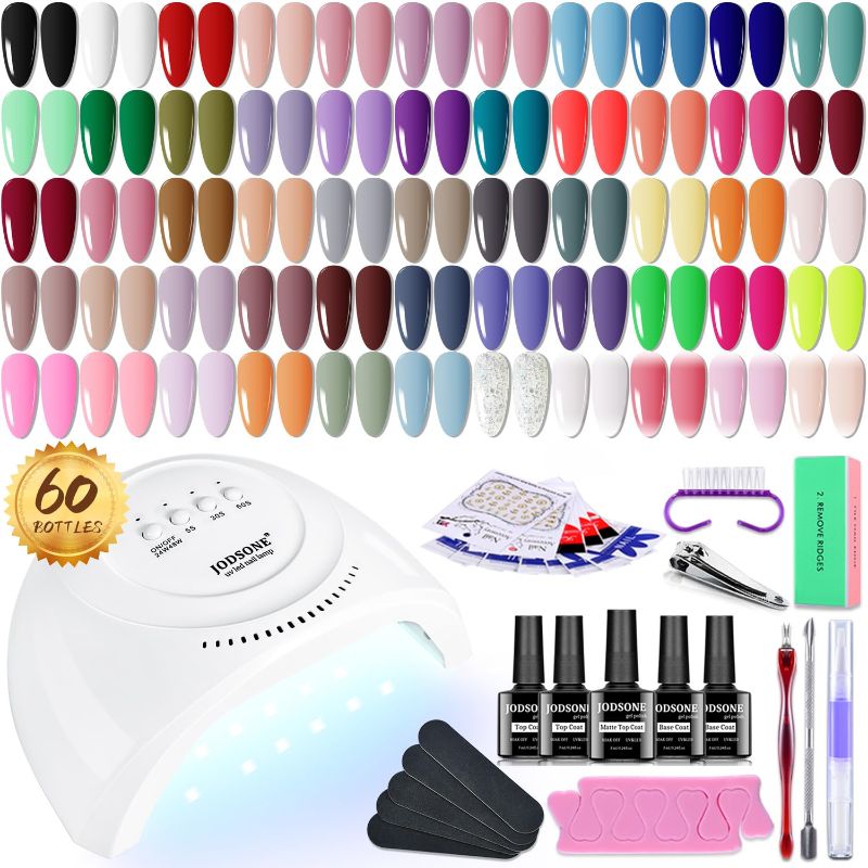 Photo 1 of JODSONE 60 PCS Gel Nail Polish Kit with U V Light Base and Matte Glossy Top Coat Nail Gel Polish Soak off Manicure Accessory Tools Suitable for All Seasons
