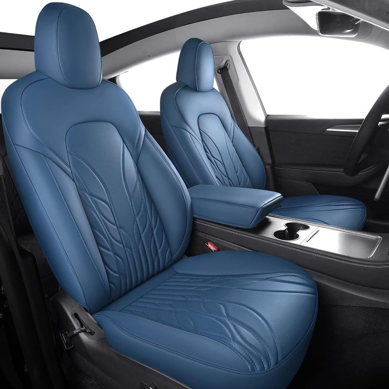 Photo 1 of Huidasource Upgrade Tesla Model 3 Seat Covers Blue, Full Coverage Waterproof Leather Front & Rear Car Seat Cover, Full Set Seat Cushion Protector Fit...
