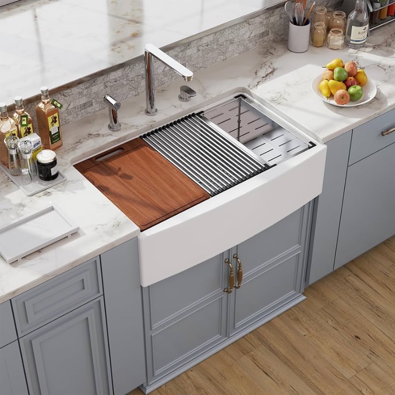 Photo 1 of 33 White Farmhouse Sink Workstation, Hugsleek Undermount Farm Kitchen Sink 33x21 inch Apron Front White Porcelain Ceramic Fireclay Sink Ledge Accessories Under Counter Single Bowl Farmer Sinks Basin