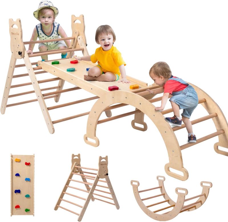 Photo 1 of 3 in 1 Foldable Pikler Triangle Climber,Montessori Climbing with Ramp,Sliding & Arch,Wooden Climber Set Toys for Toddler,Indoor/Outdoor Kids Playground Gym Activity Climber(Three-position adjustment)